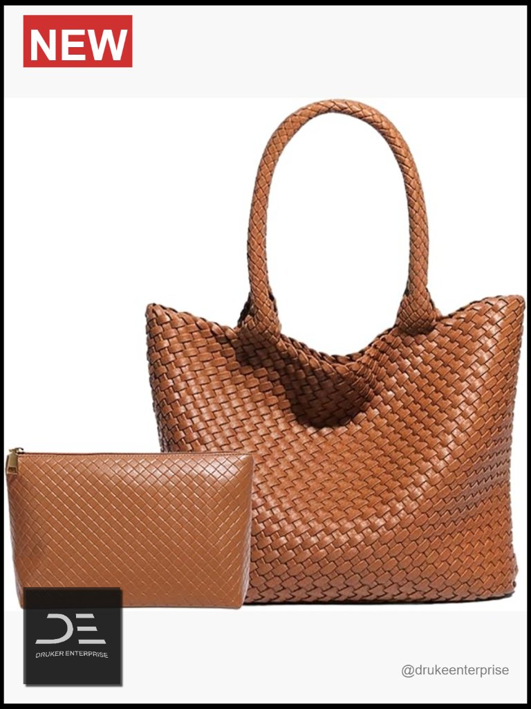 Large Woven Tote Bag Vegan Leather Shoulder Bag With Inner Pouch